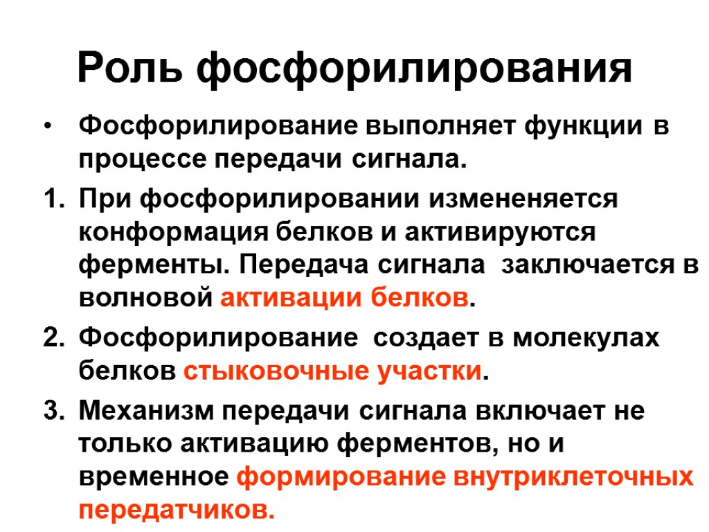 Роль фосфорилирования Фосфорилирование выполняет функции в процессе передачи сигнала. При фосфорилировании измененяется конформация белков